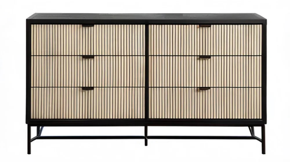 Komoda z 6 szufladami ze stali i płyty MDF, czarna i jasny dąb, 160 x 40 x 90 cm