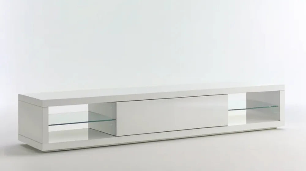 Biała szafka RTV z MDF na wysoki połysk ze szklanymi półkami, 180 x 40 x 35 cm