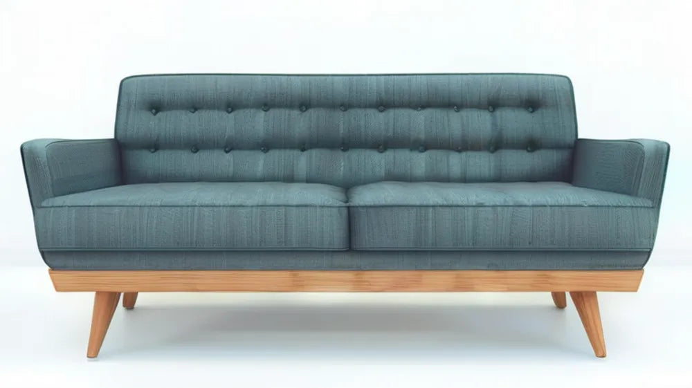 Niebieskoszara sofa z pikowanym oparciem i drewnianymi nogami 200 x 85 x 84 cm
