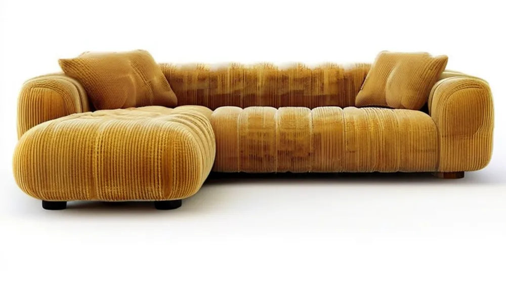 Musztardowa sofa narożna lewostronna ze szezlongiem, sztruksowa, 250 × 160 × 78 cm