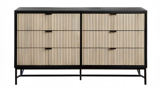 Komoda z 6 szufladami ze stali i płyty MDF, czarna i jasny dąb, 160 x 40 x 90 cm