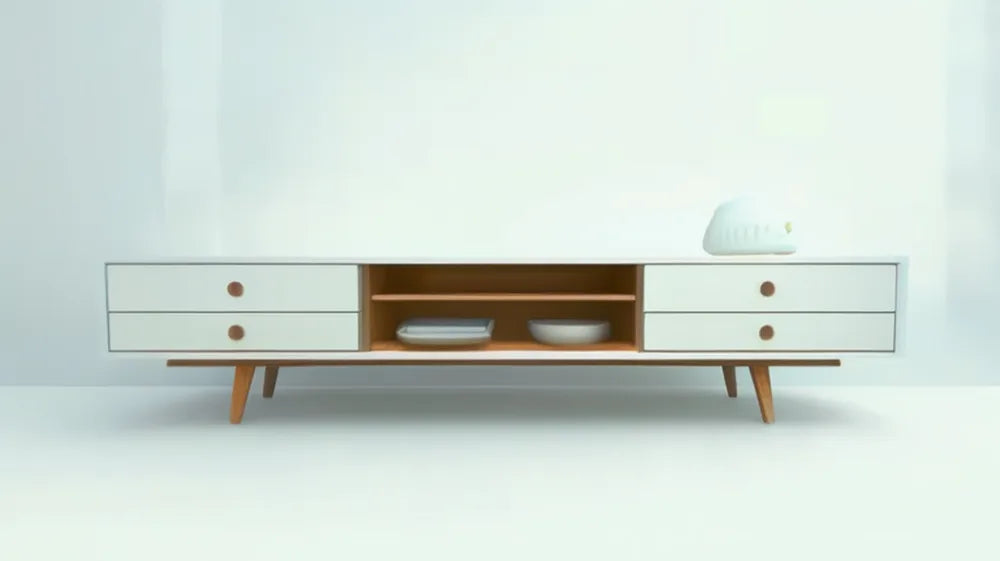 Biało-dębowa szafka RTV 180 x 40 x 50 cm z 4 szufladami i 2 otwartymi wnękami