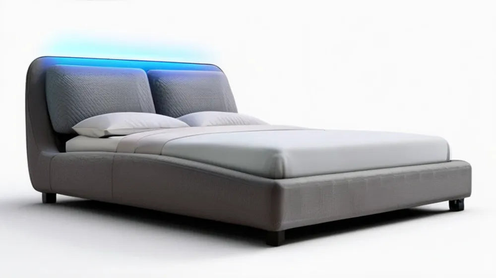 Szare tapicerowane łóżko dwuosobowe z niebieskim oświetleniem LED 160 x 200 cm