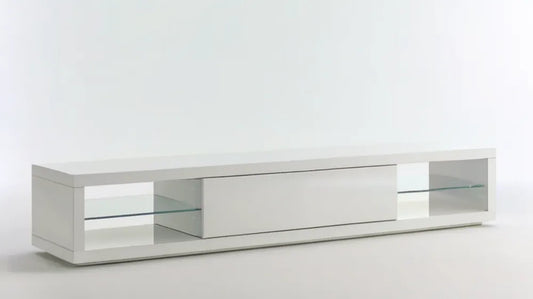 Biała szafka RTV z MDF na wysoki połysk ze szklanymi półkami, 180 x 40 x 35 cm