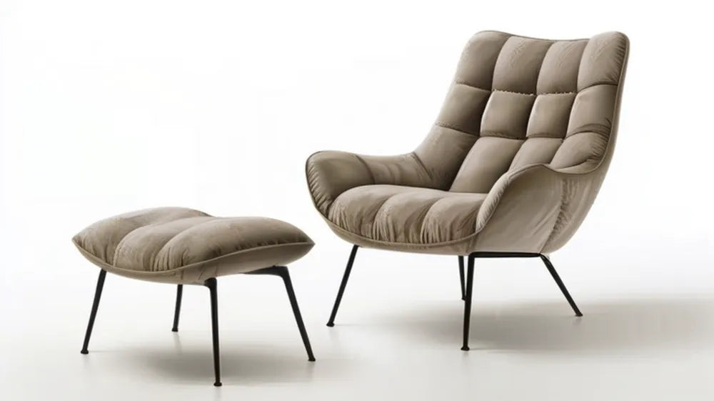 Tapicerowany zestaw wypoczynkowy taupe z czarnymi nogami, fotel 78 x 88 x 102 cm i podnóżek 60 x 45 x 39 cm