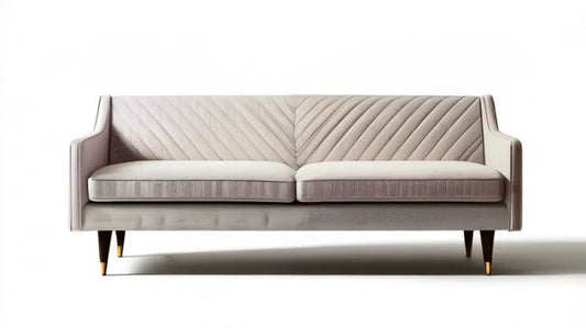 Dwuosobowa sofa jasnobeżowo-pudroworóżowa z ciemnobrązowymi nogami i złotymi końcówkami, 160 x 85 x 85 cm
