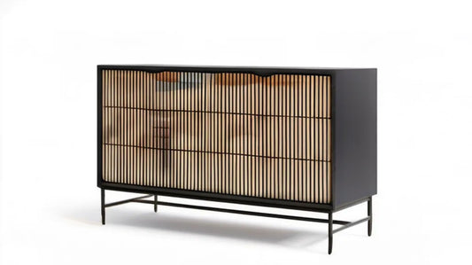 Czarna komoda 2-drzwiowa z drewnianymi lamelami, 120 x 40 x 80 cm