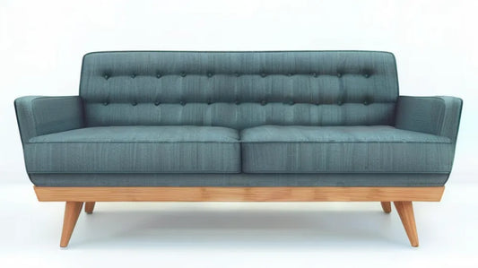 Niebieskoszara sofa z pikowanym oparciem i drewnianymi nogami 200 x 85 x 84 cm