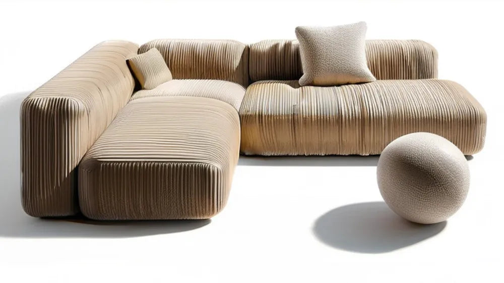 Beżowa modułowa sofa narożna L ze sztruksu 300 × 190 × 70 cm z kulistą pufą