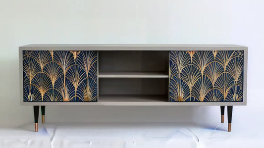 Szafka RTV z dekoracyjnymi frontami szara/granatowa/złota/czarna 160 x 40 x 75 cm