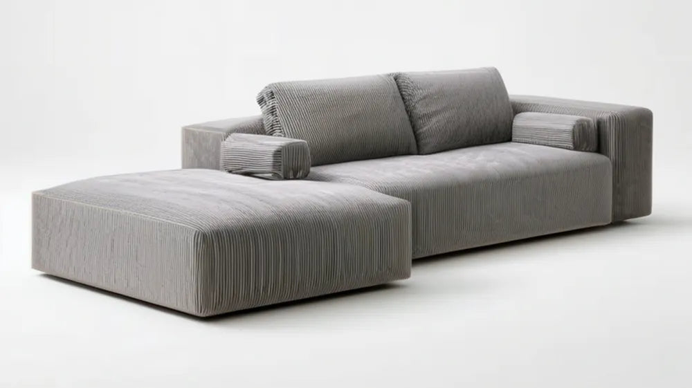 Szara sofa narożna z lewostronną leżanką ze sztruksu 290 x 170 x 78 cm