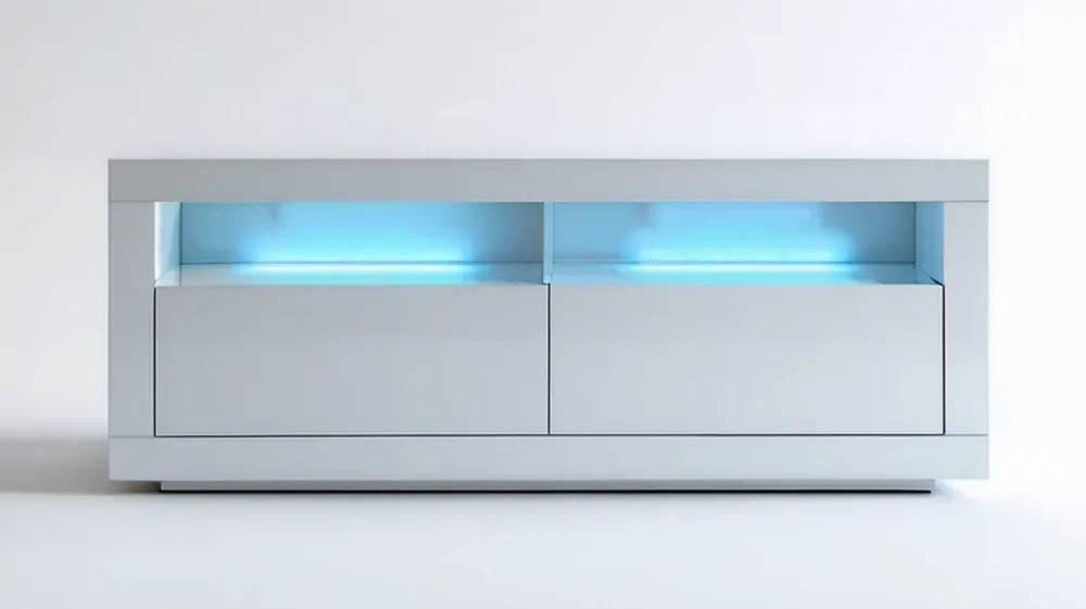 Jasnoszara szafka RTV z płyty MDF z niebieskim oświetleniem LED, 140 × 40 × 50 cm