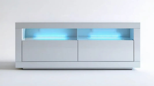 Jasnoszara szafka RTV z płyty MDF z niebieskim oświetleniem LED, 140 × 40 × 50 cm