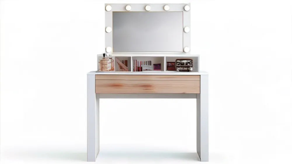 Biała toaletka z lustrem LED, szufladą i półkami, 80 x 40 x 140 cm