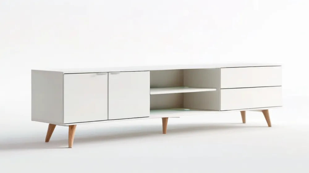 Biała szafka RTV z MDF na drewnianych nogach 180 x 40 x 55 cm