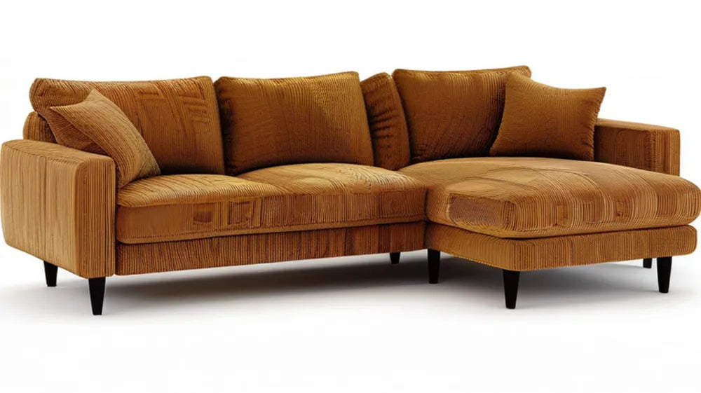 Karmelowa sofa narożna z prawostronnym szezlongiem, sztruksowa, 260 x 165 x 85 cm