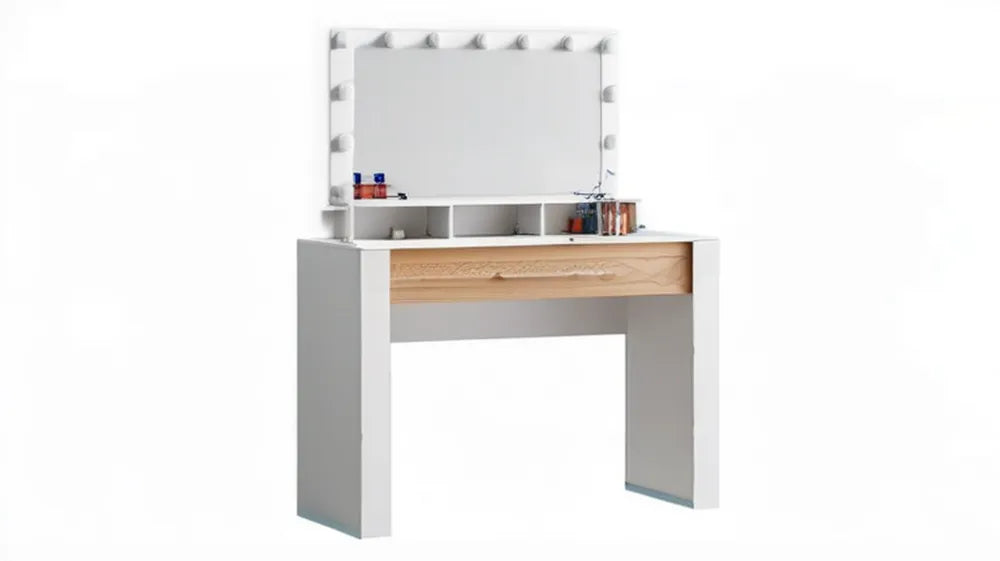 Biała toaletka z lustrem LED, szufladą i półkami, dekor naturalnego dębu, 80 x 40 x 140 cm