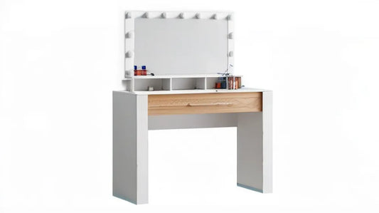 Biała toaletka z lustrem LED, szufladą i półkami, dekor naturalnego dębu, 80 x 40 x 140 cm