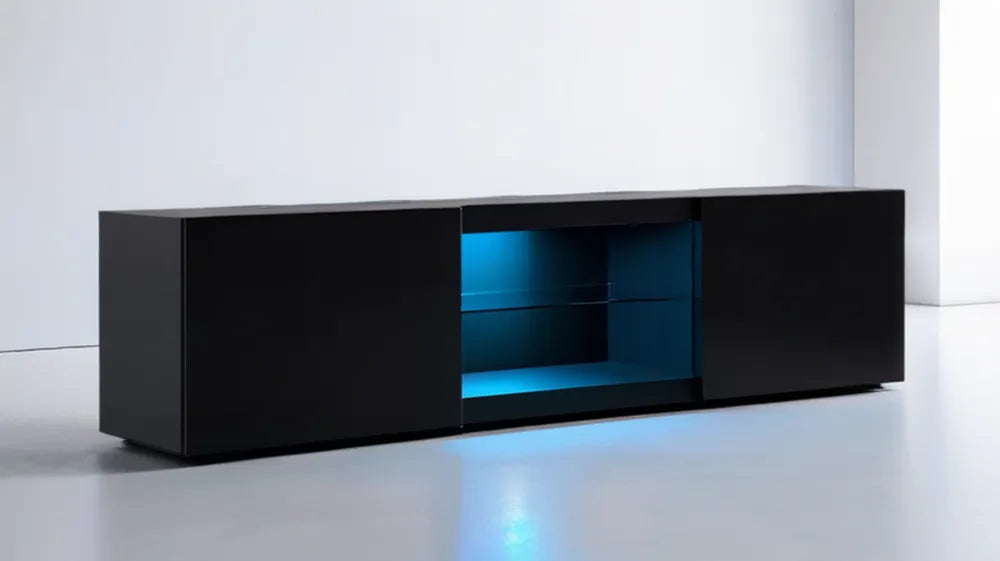 Czarna szafka RTV z niebieskim oświetleniem LED, 180 x 40 x 45 cm