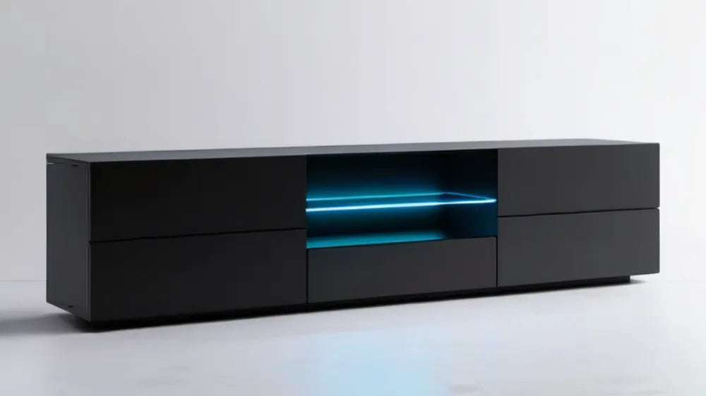 Czarna szafka RTV 180 x 40 x 45 cm z niebieskim oświetleniem LED