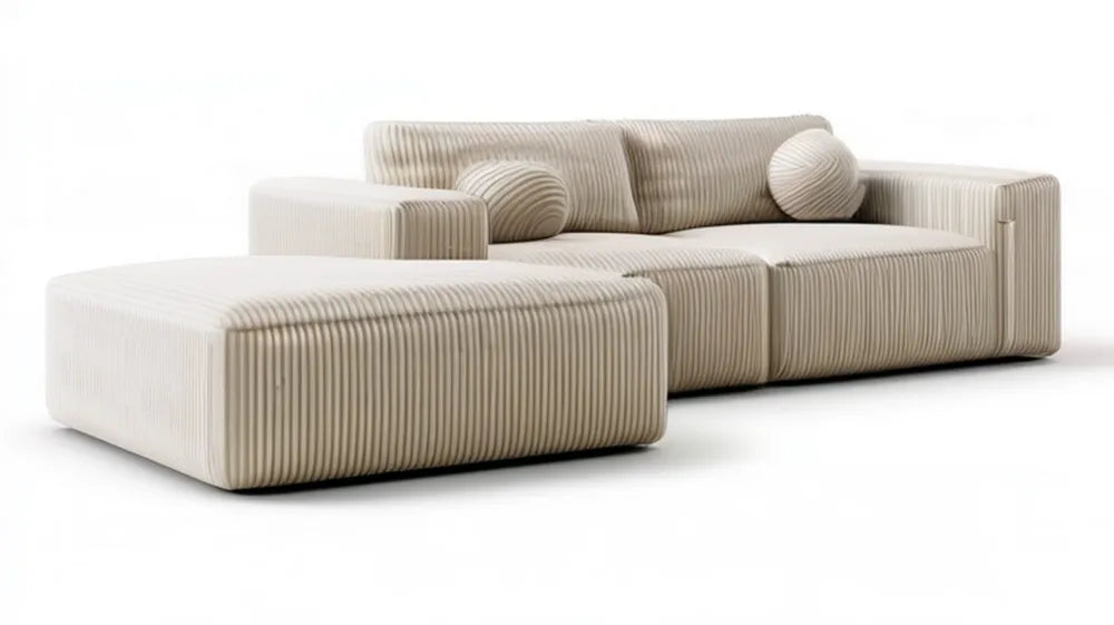Beżowa sofa narożna lewostronna 3-osobowa z szezlongiem, sztruks poliestrowy, 280 × 165 × 78 cm