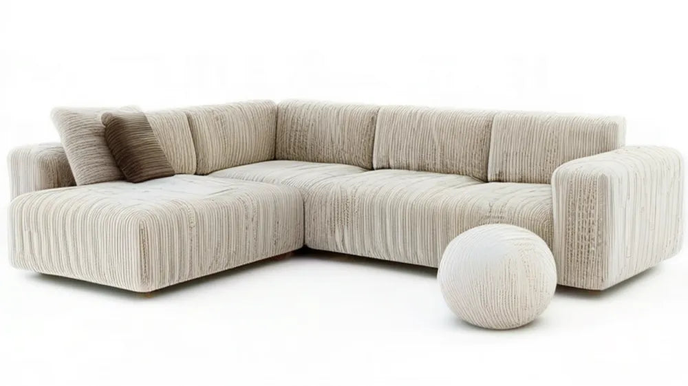 Beżowa sofa narożna L z lewostronnym szezlongiem i pufą, 280 × 170 × 82 cm