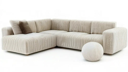 Beżowa sofa narożna L z lewostronnym szezlongiem i pufą, 280 × 170 × 82 cm