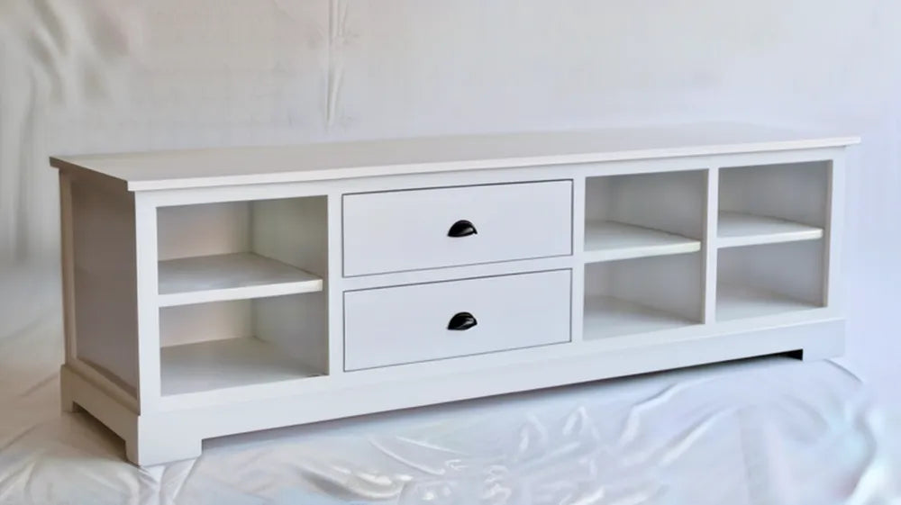 Biała szafka RTV z MDF 180 x 40 x 55 cm, 2 szuflady i 4 otwarte wnęki