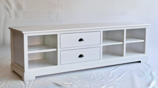 Biała szafka RTV z MDF 180 x 40 x 55 cm, 2 szuflady i 4 otwarte wnęki